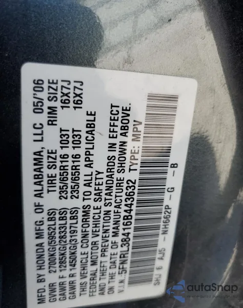 2006 Honda Odyssey Ex z USA, uszkodzony, nr VIN 5FNRL38416B443632